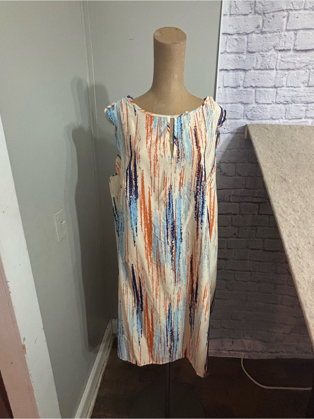 SHEIN Ivory Midi Shift Dress with Blue & Orange Brushstroke Print